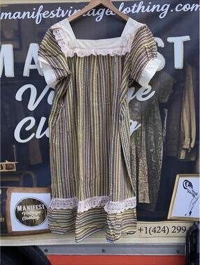 Vtg 1970’s Handmade Boho Prairie Style Pima Cotton Kaftan Dress W Lace M-XL